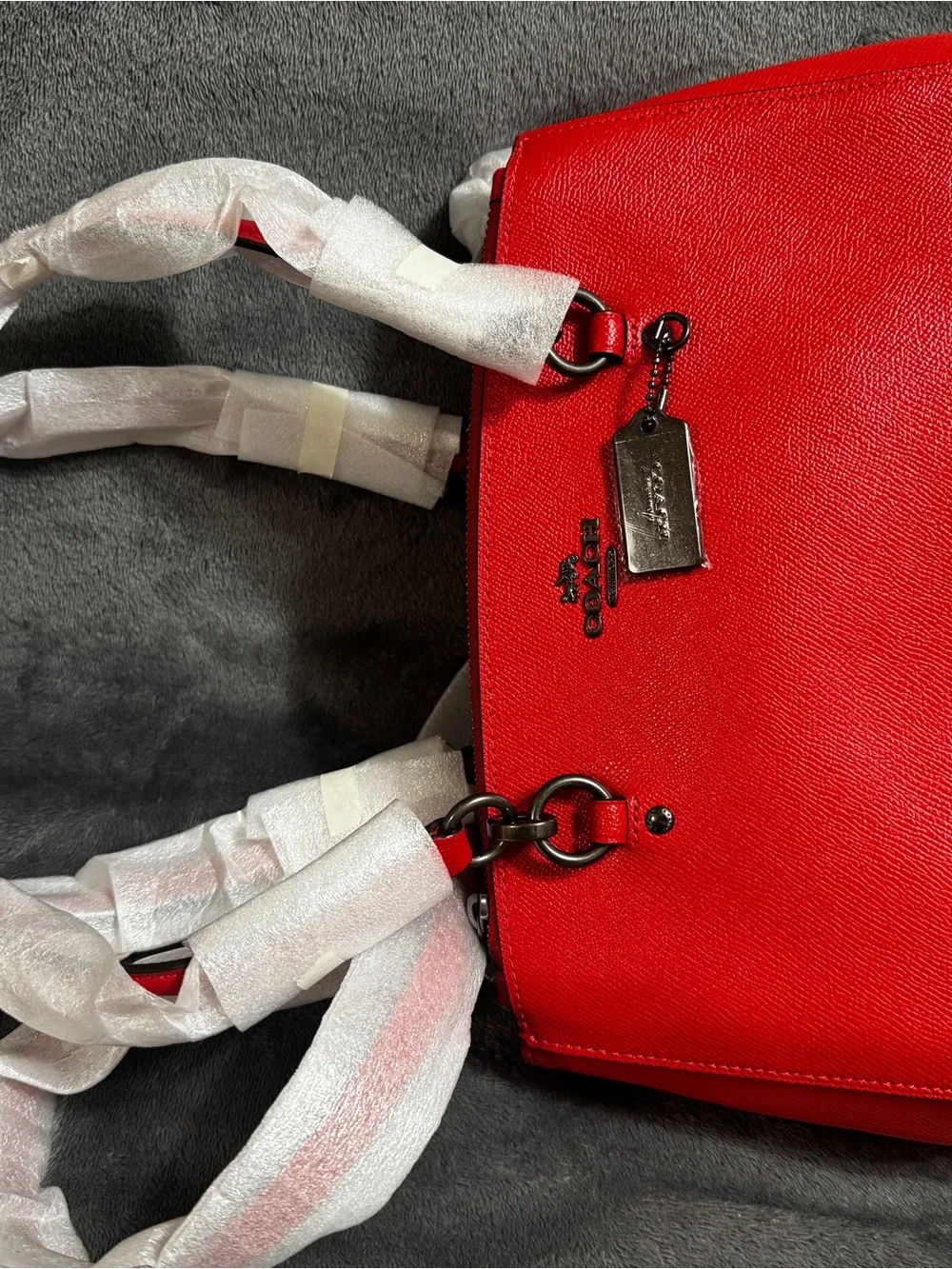 Coach Red Leather Tote with Signature Tag and Gunmetal Hardware